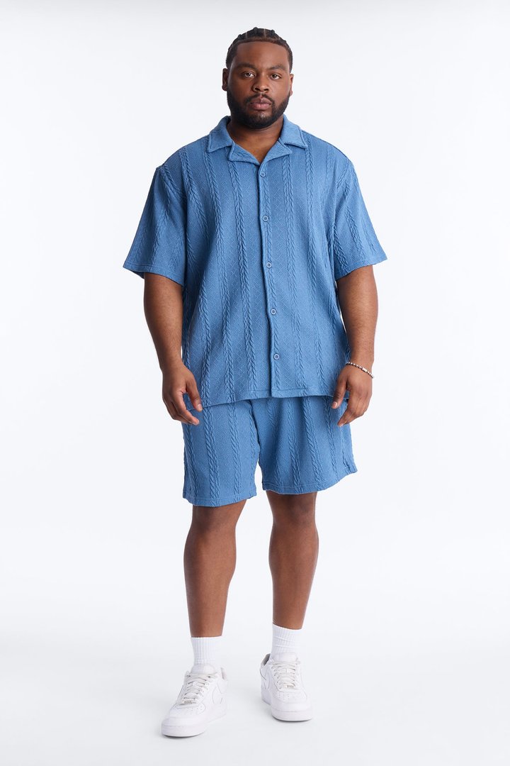 Textured Stripes Relaxed Drawstring Shorts - Blue