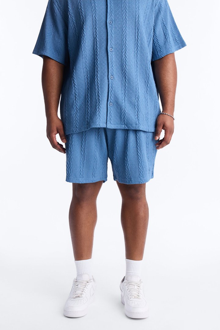 Textured Stripes Relaxed Drawstring Shorts - Blue