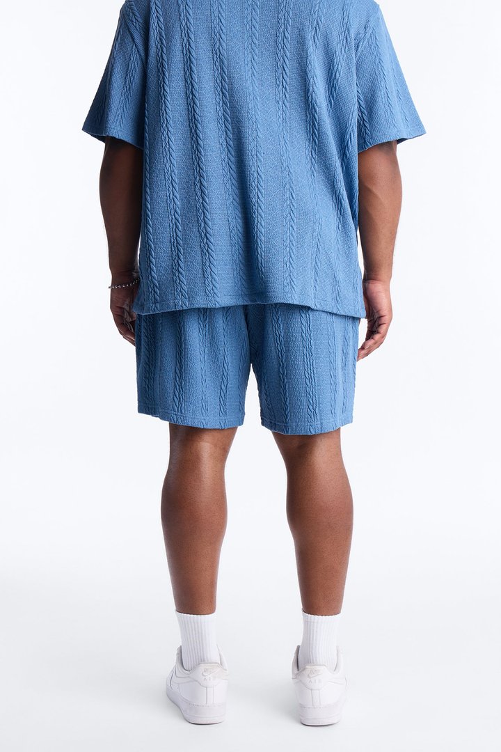 Textured Stripes Relaxed Drawstring Shorts - Blue