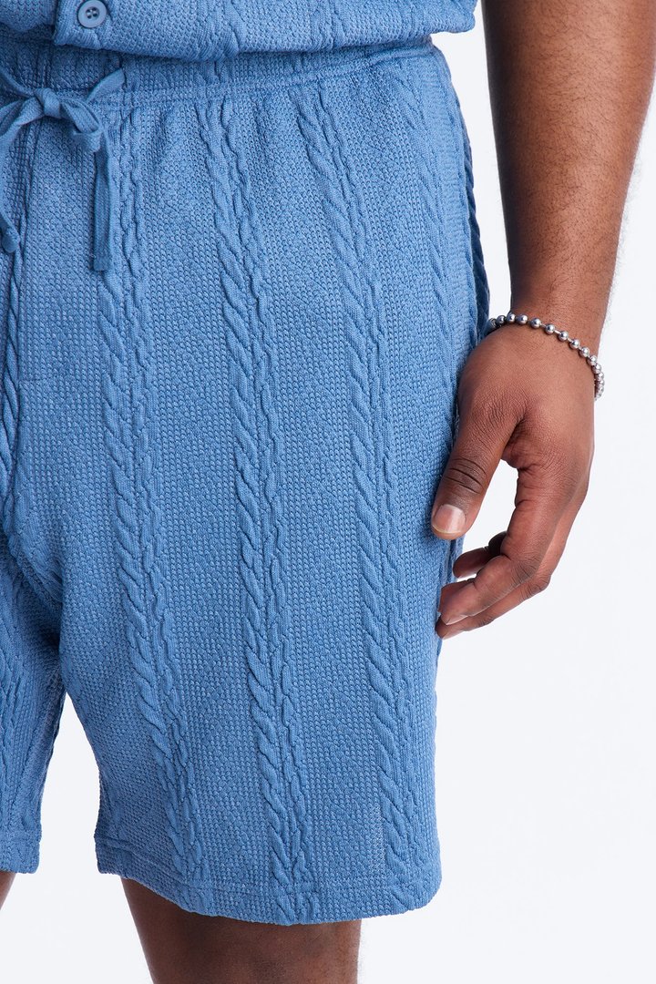 Textured Stripes Relaxed Drawstring Shorts - Blue