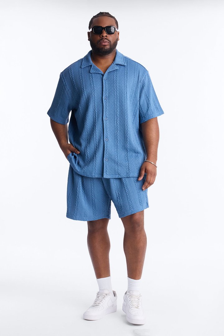 Textured Stripes Cuban Short Sleeve Button Up Shirt - Blue