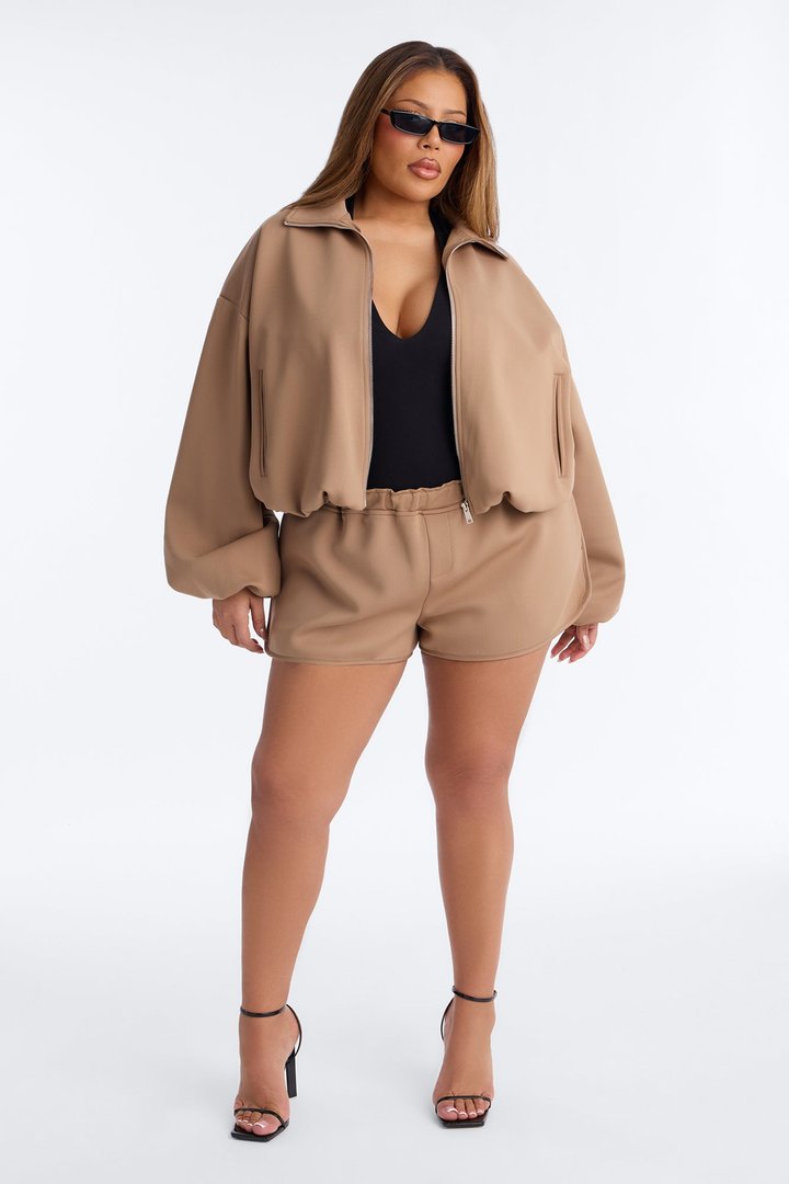 Nayeli Scuba Mid Rise Bubble Shorts - Khaki