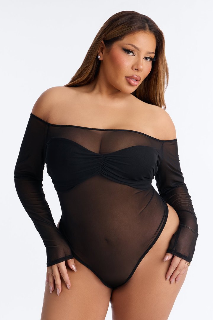 Jenni Sheer Mesh Off Shoulder Long Sleeve Bodysuit - Black