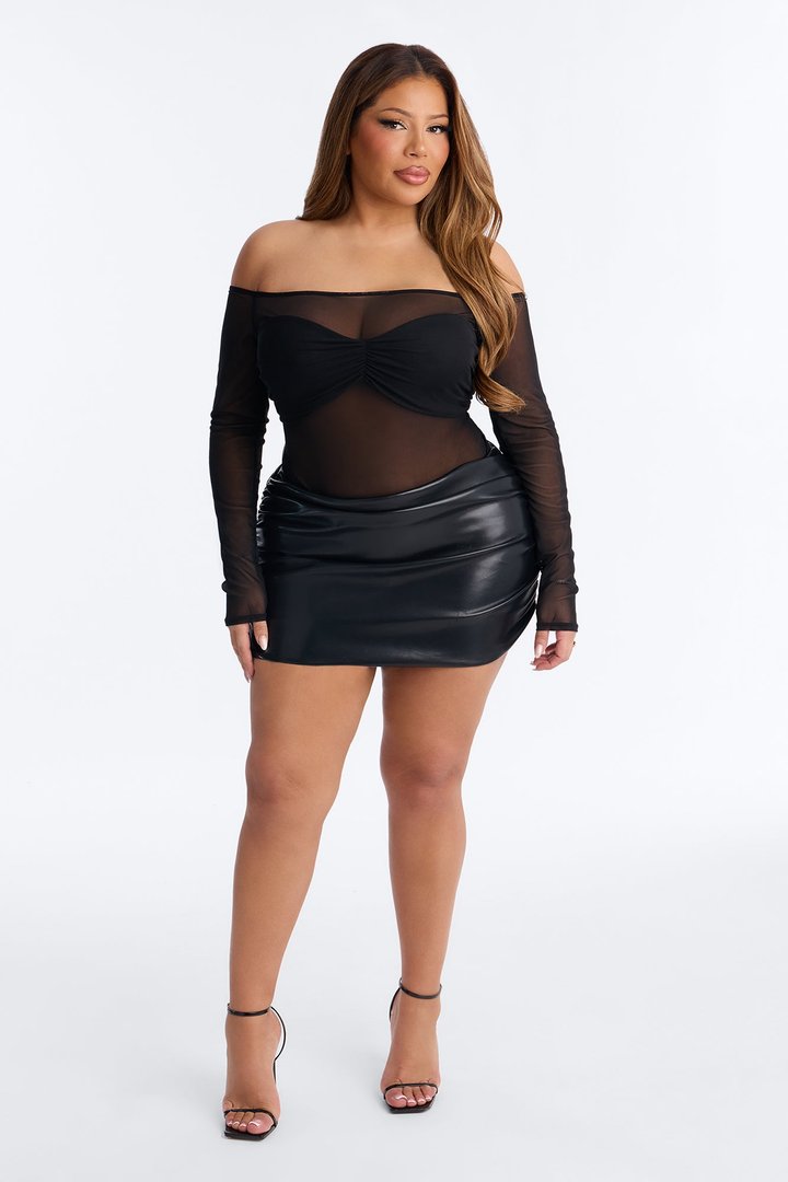 Jenni Sheer Mesh Off Shoulder Long Sleeve Bodysuit - Black