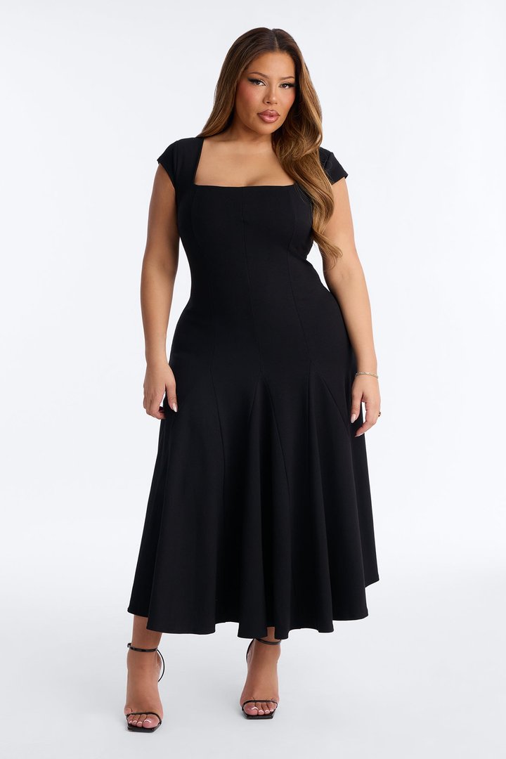 Gisella Lace Up Ponte Midi Dress - Black