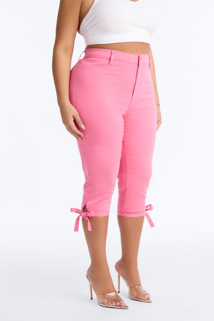 Classic Color High Waist Bow Tie Capri Jeans - Pink