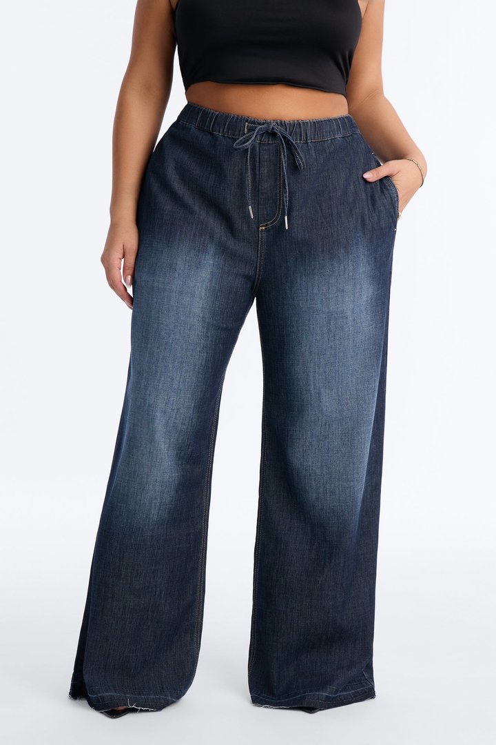 Marina Stretch Crosshatch Tie Waist Jeans - Dark Wash