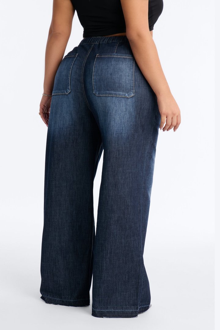 Marina Stretch Crosshatch Tie Waist Jeans - Dark Wash