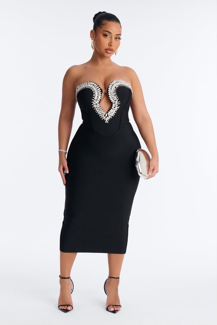 Liora Rhinestone Trim Bandage Midi Dress - Black
