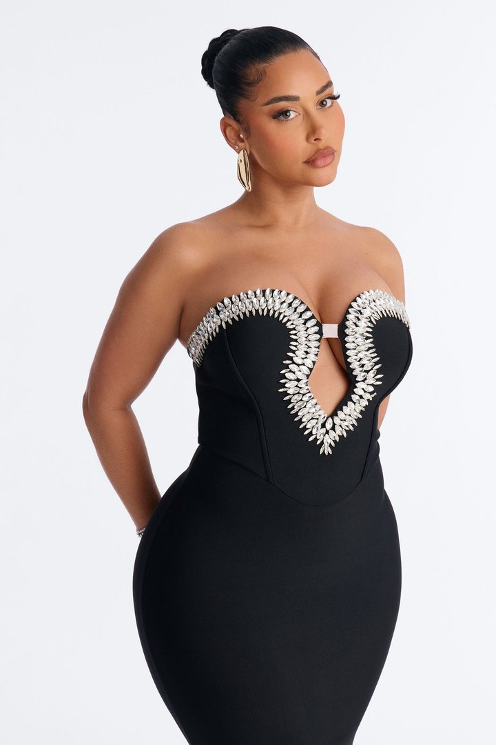 Liora Rhinestone Trim Bandage Midi Dress - Black