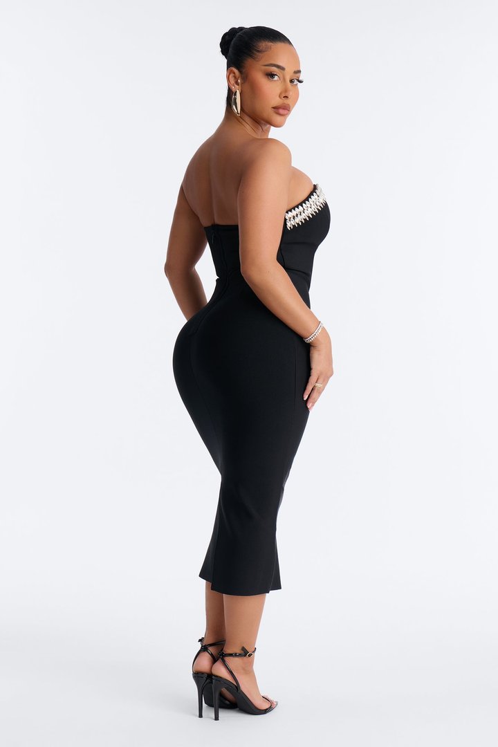 Liora Rhinestone Trim Bandage Midi Dress - Black
