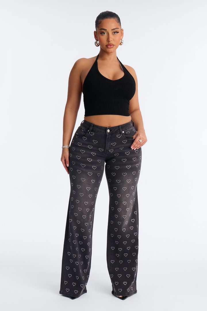 Played My Heart Embellished Wide Leg Jeans - Black Wash
