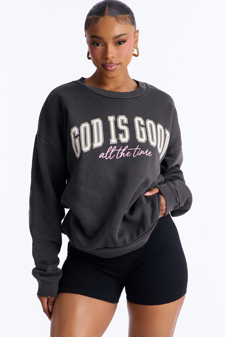 God Is Good Washed Crew Sweatshirt - Black Wash