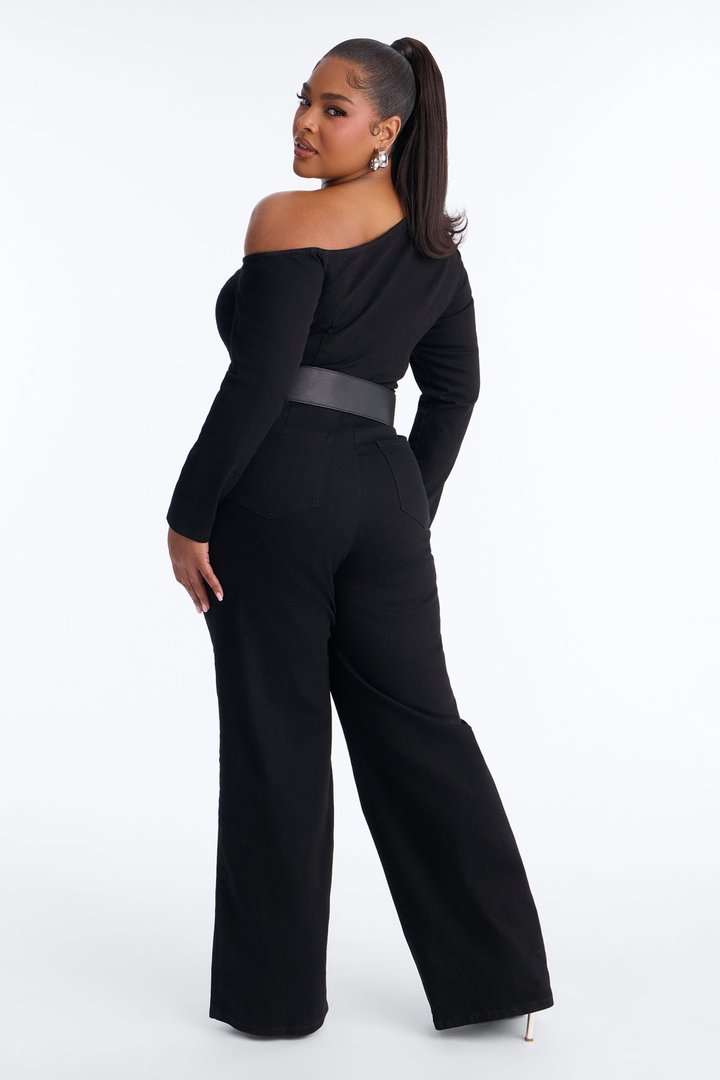 Angelina Belted Denim Wide Leg Jumpsuit - Black