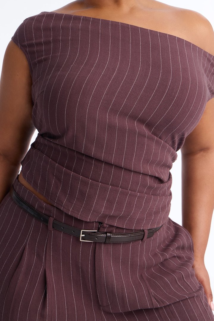 Marquez Linen Pinstripe Off Shoulder Pant Set - Brown
