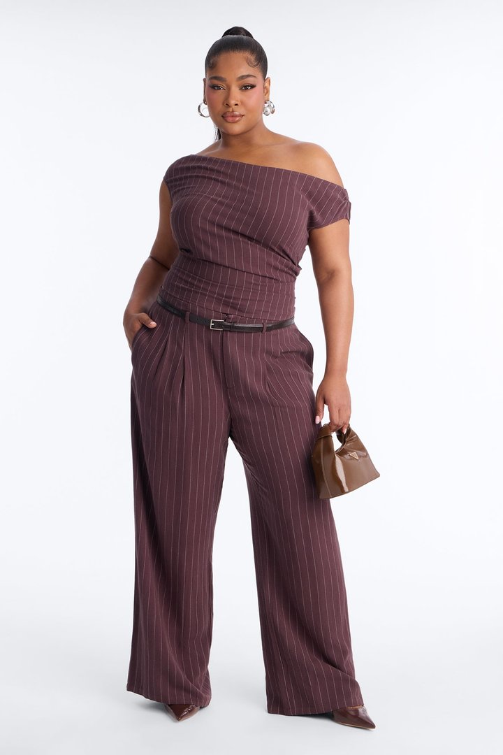 Marquez Linen Pinstripe Off Shoulder Pant Set - Brown