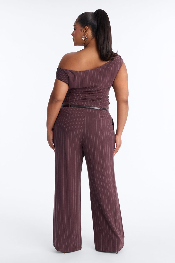 Marquez Linen Pinstripe Off Shoulder Pant Set - Brown