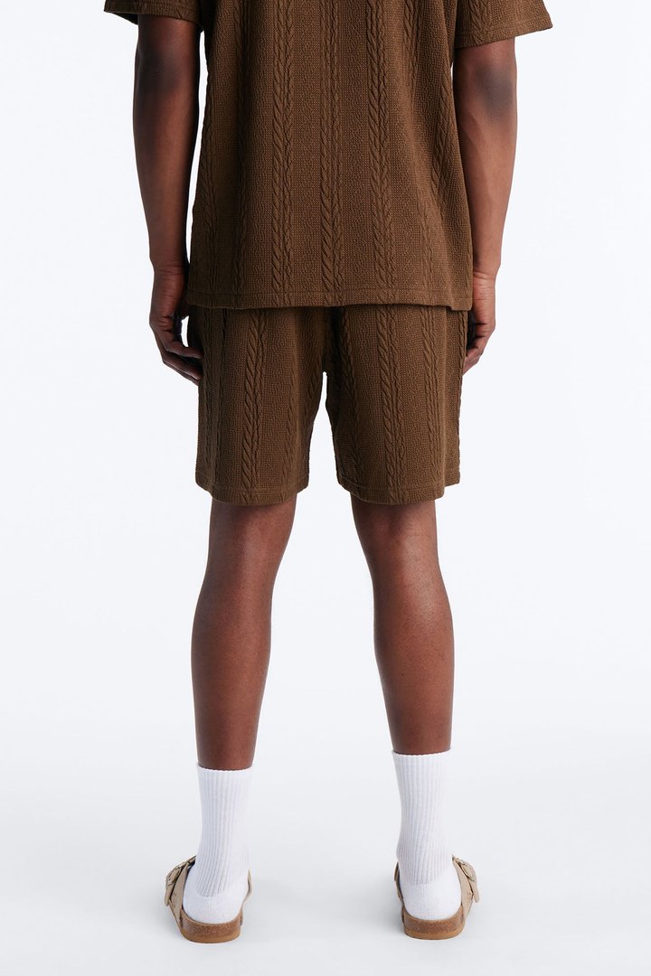 Textured Stripes Relaxed Drawstring Shorts - Brown