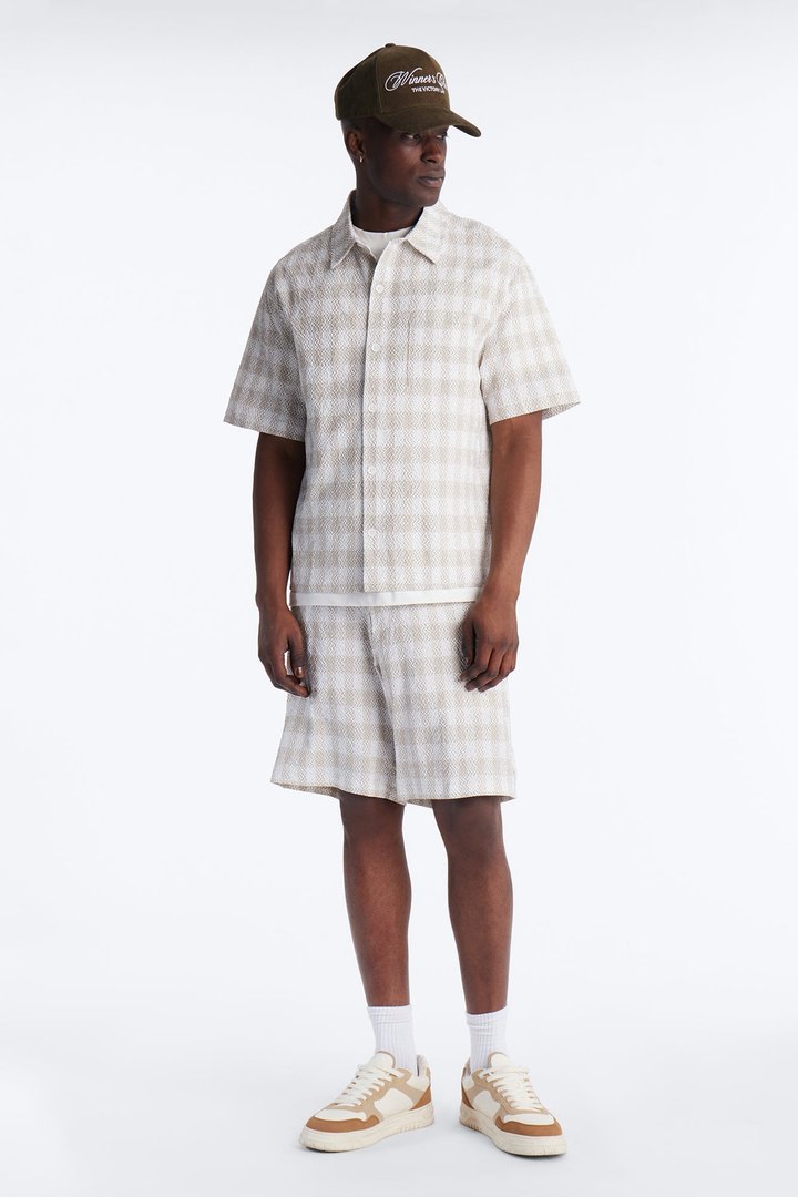 Chess Check Seersucker Button Up Shirt - Tan
