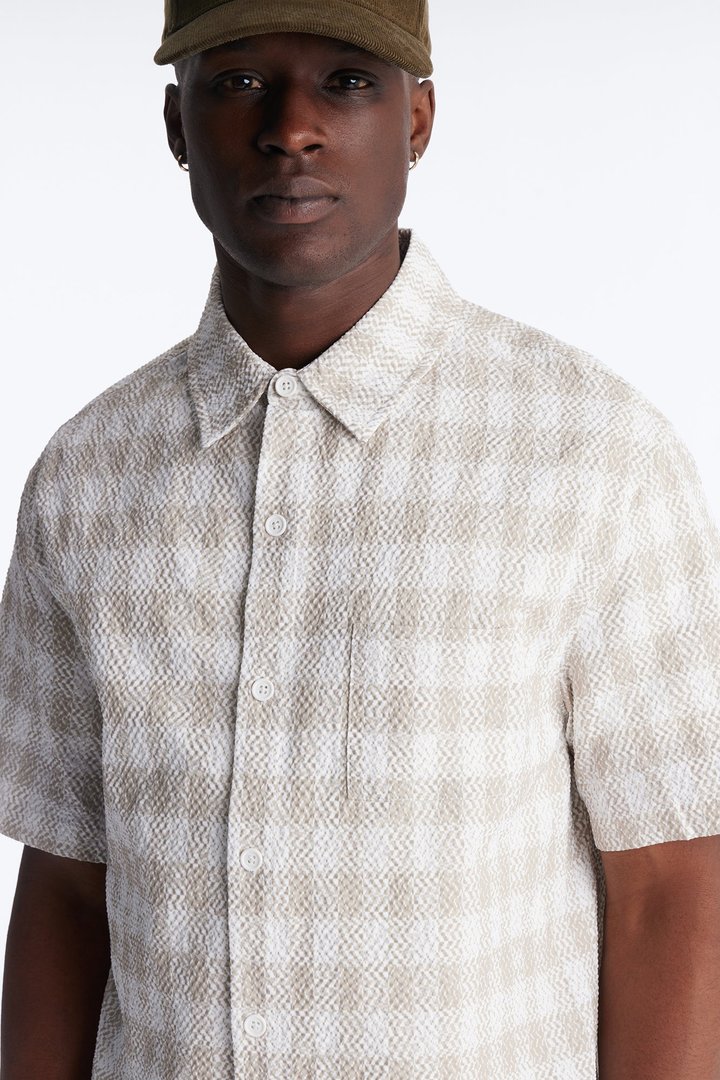 Chess Check Seersucker Button Up Shirt - Tan