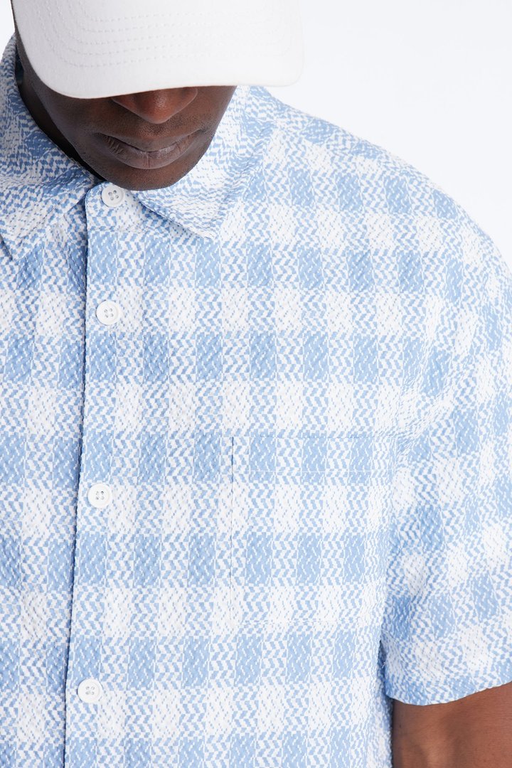 Chess Check Seersucker Button Up Shirt - Blue