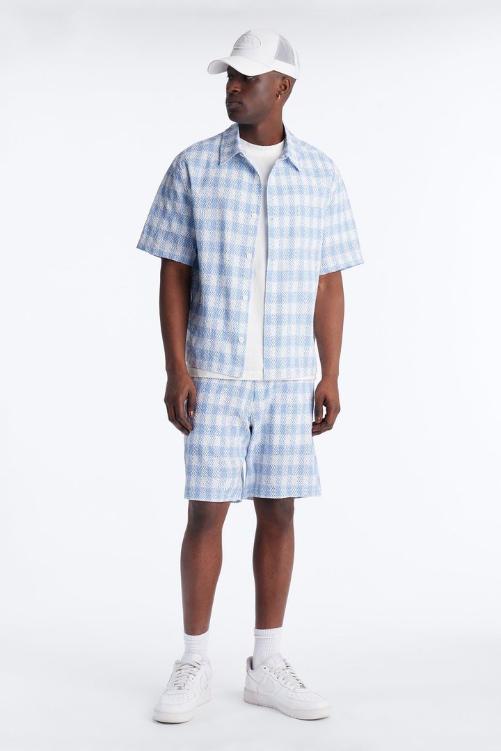 Chess Check Seersucker Button Up Shirt - Blue