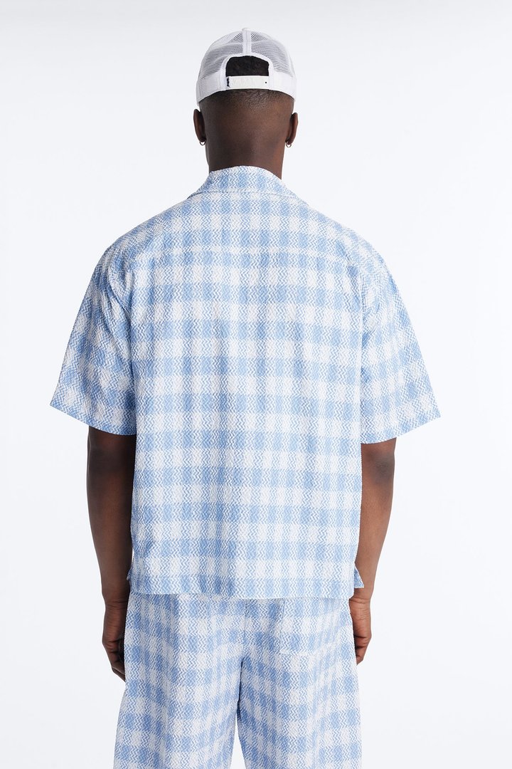 Chess Check Seersucker Button Up Shirt - Blue