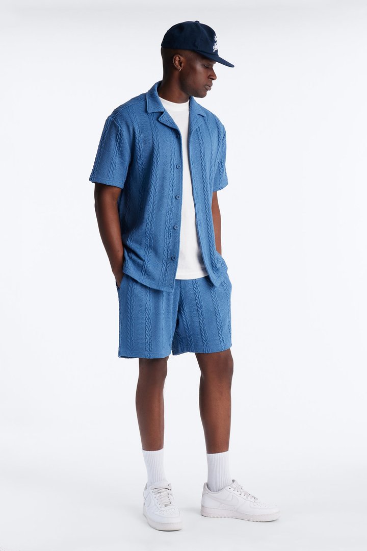 Textured Stripes Cuban Short Sleeve Button Up Shirt - Blue