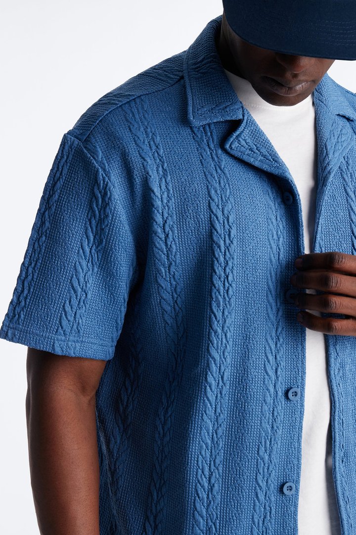 Textured Stripes Cuban Short Sleeve Button Up Shirt - Blue