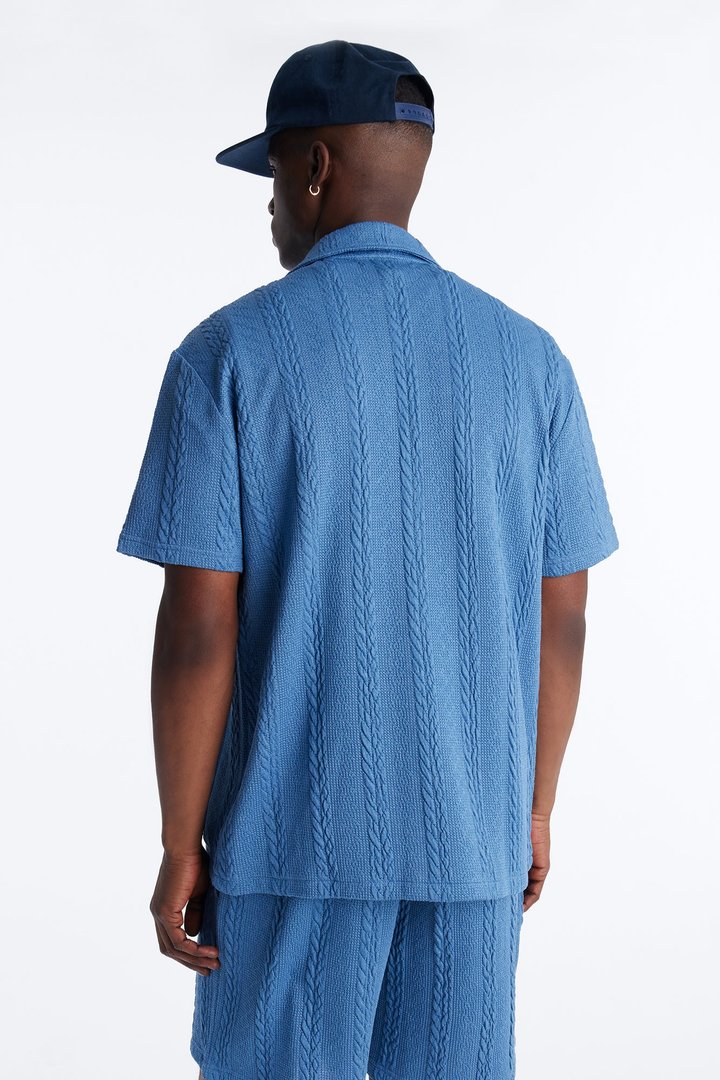 Textured Stripes Cuban Short Sleeve Button Up Shirt - Blue