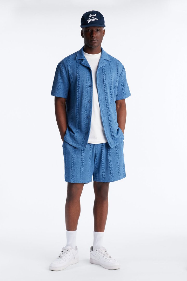 Textured Stripes Relaxed Drawstring Shorts - Blue