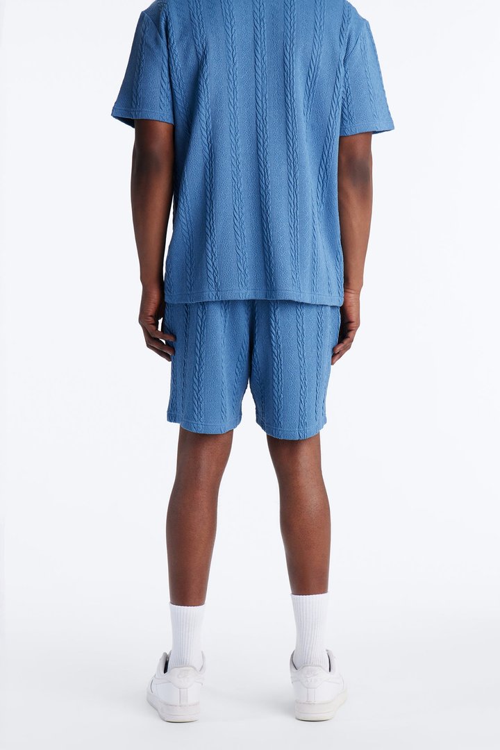 Textured Stripes Relaxed Drawstring Shorts - Blue