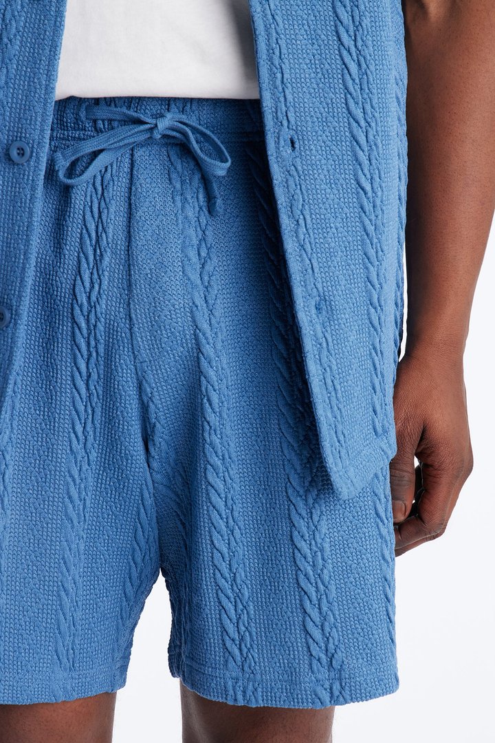 Textured Stripes Relaxed Drawstring Shorts - Blue