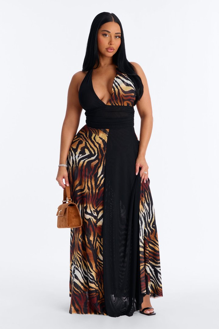 Jayda Animal Print Mesh Maxi Dress - Black/Brown
