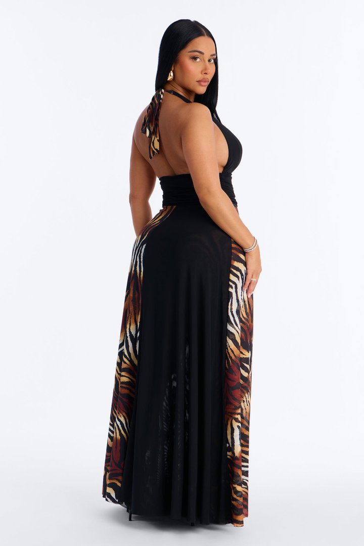 Jayda Animal Print Mesh Maxi Dress - Black/Brown