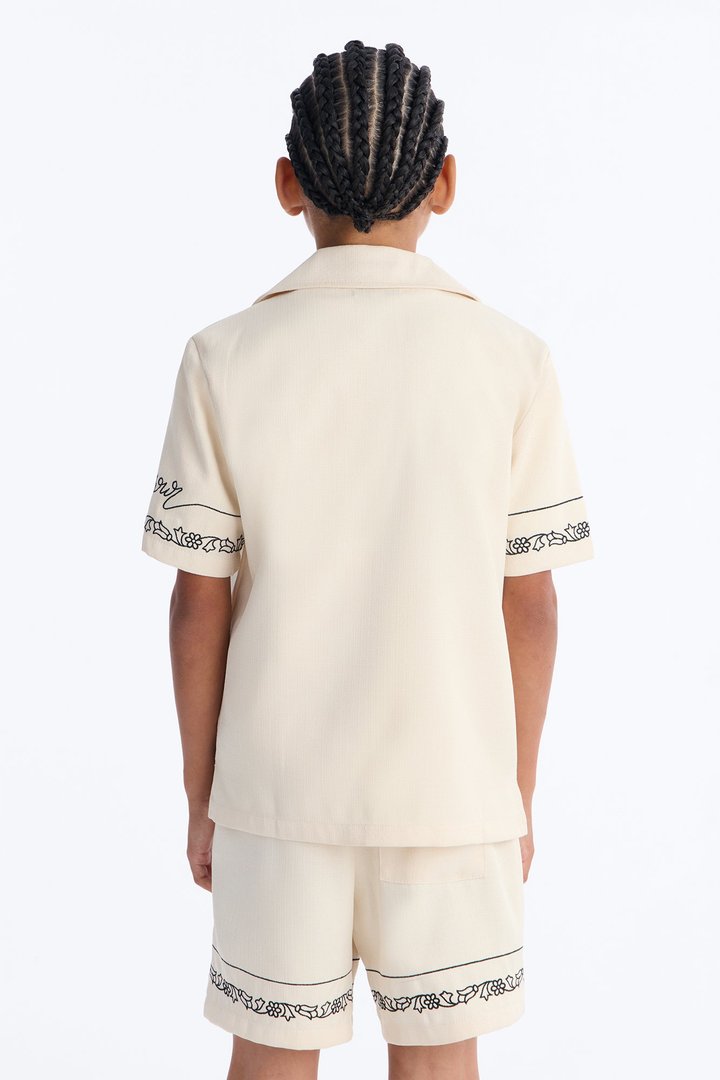Mini St. Tropez Embroidered Cuban Collar Button Up Shirt - Cream