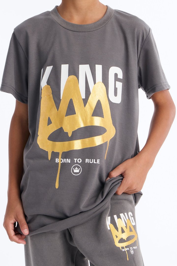 Mini King And His Crown Jogger Pant Set - Grey