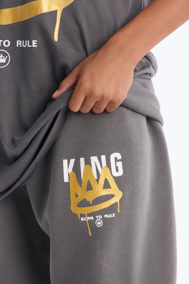 Mini King And His Crown Jogger Pant Set - Grey