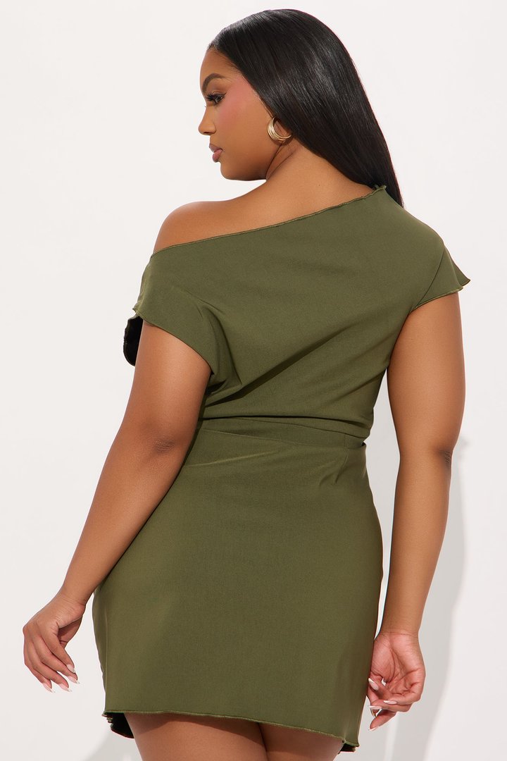 Feel The Vibe Ruched Mini Dress - Olive