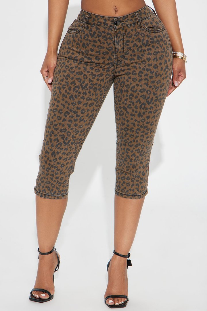 Let's Get Wild Stretch Animal Print Denim Capri - Brown
