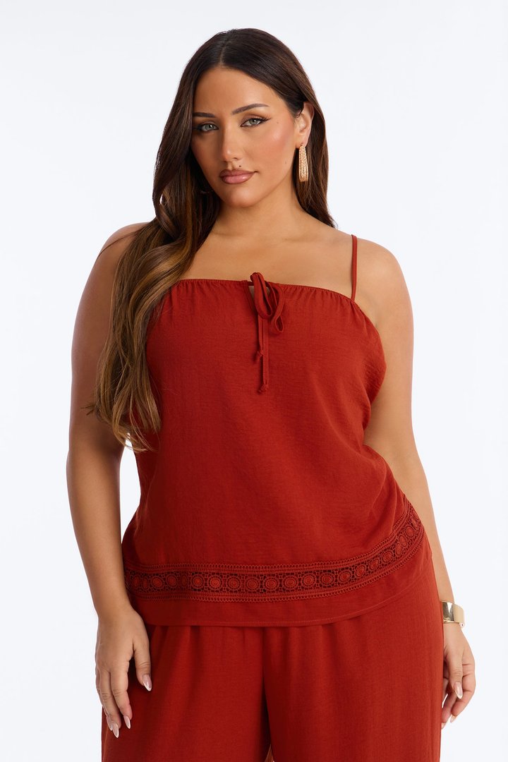 Thalia Linen Lace Trim Pant Set - Rust
