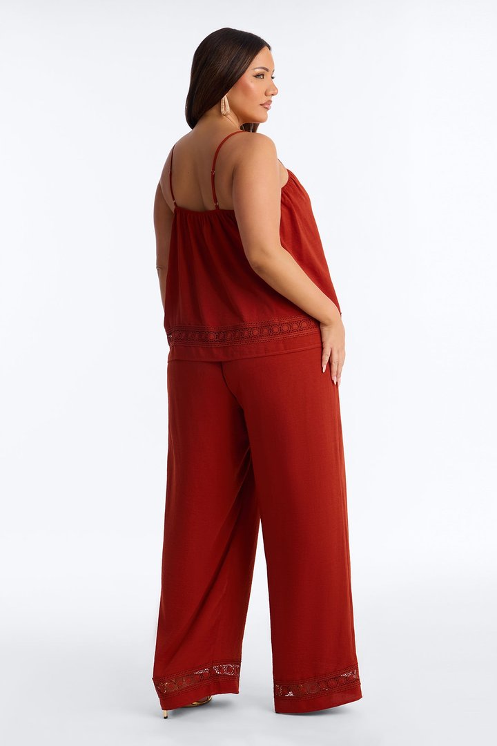 Thalia Linen Lace Trim Pant Set - Rust