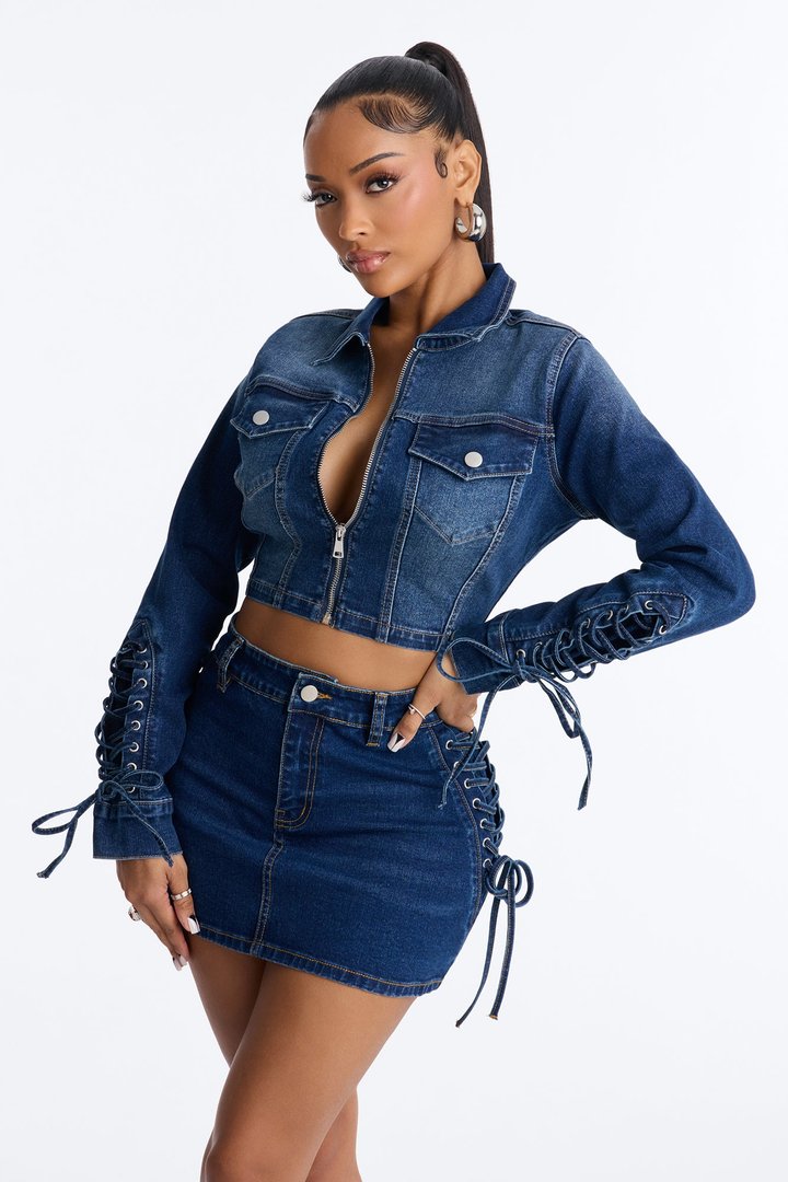 It's Showtime Lace Up Denim Jacket - Dark Wash