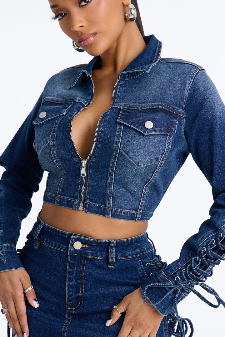 It's Showtime Lace Up Denim Jacket - Dark Wash
