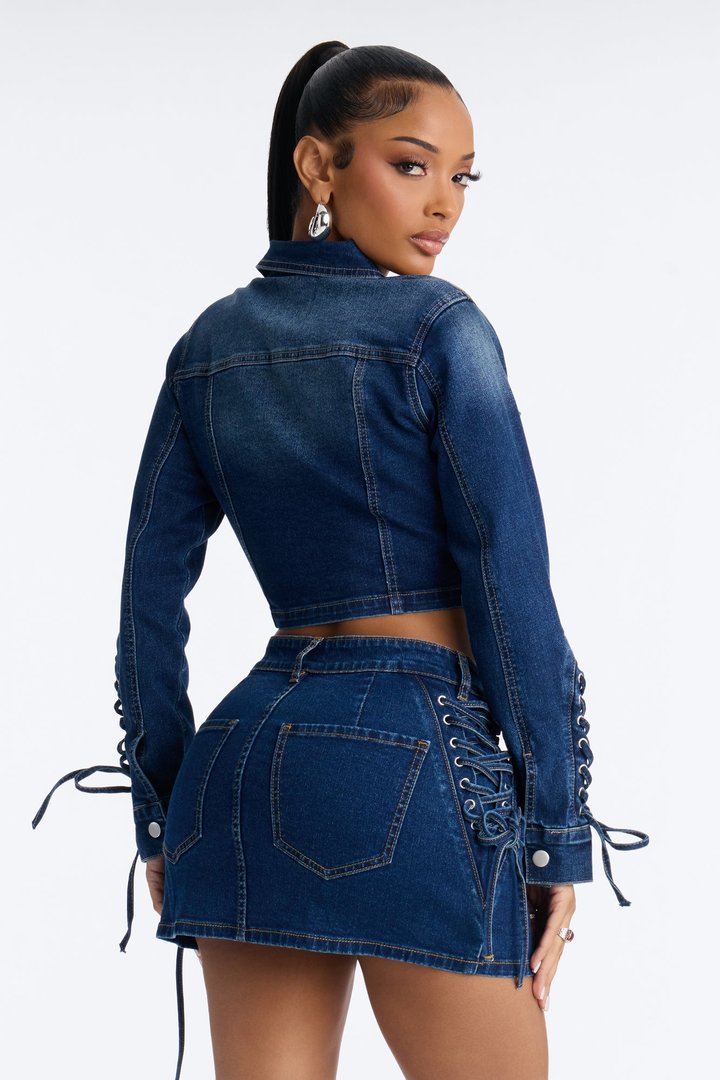 It's Showtime Lace Up Denim Jacket - Dark Wash