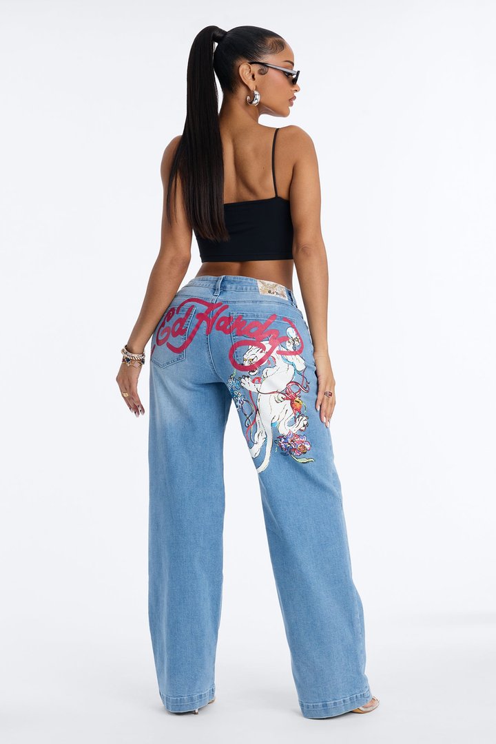 Ed Hardy Lovely Panther Wide Leg Jeans - Light Wash