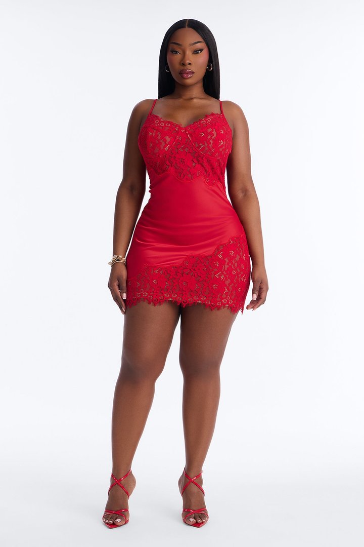 Lovely Lace Satin Mini Dress - Red