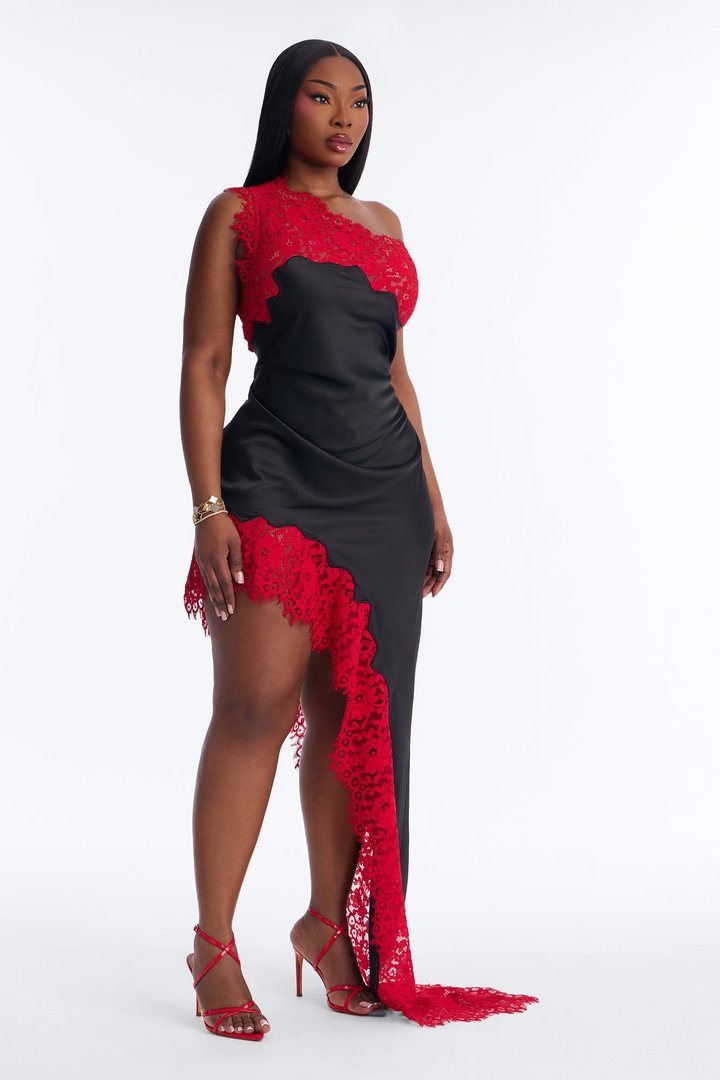 Love Potion Lace Satin Maxi Dress - Black/Red
