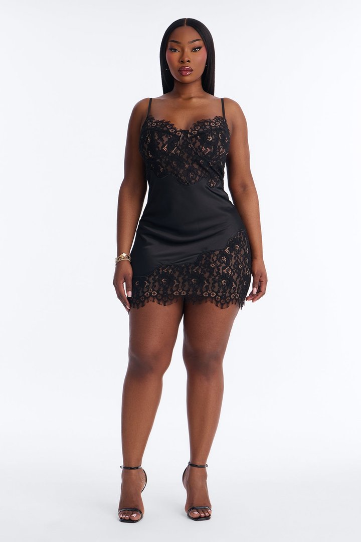 Lovely Lace Satin Mini Dress - Black