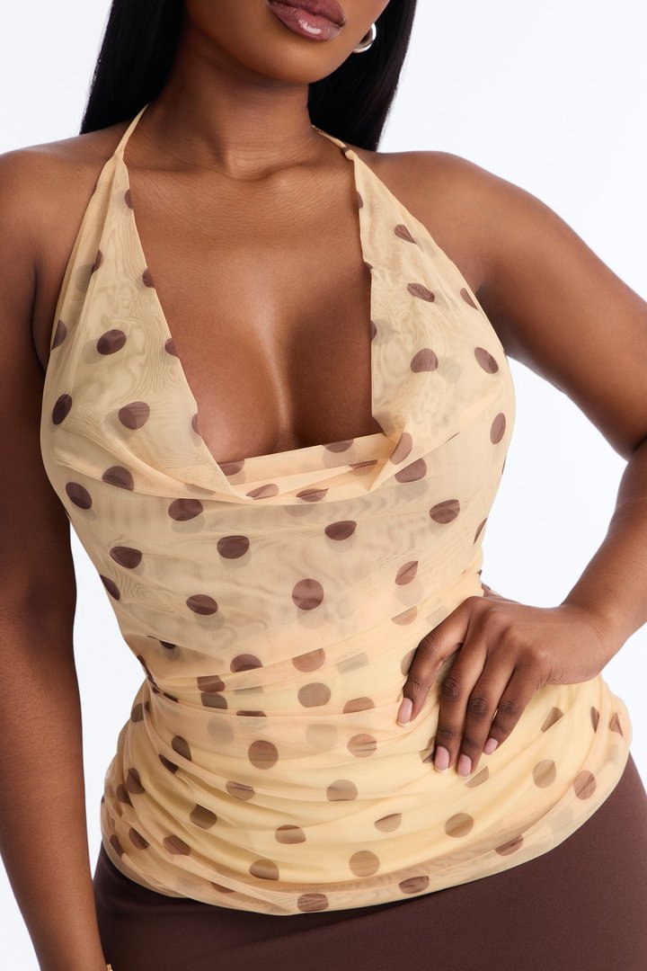 Mina Mesh Polka Dot Cowl Neck Halter Top - Yellow/combo